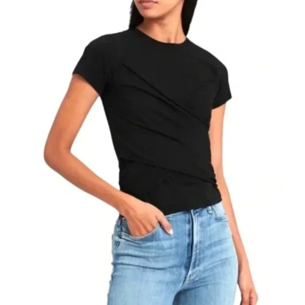 ATM Black Ruched Short Sleeve Top Criss Cross Front T Shirt Basic Tee Designer